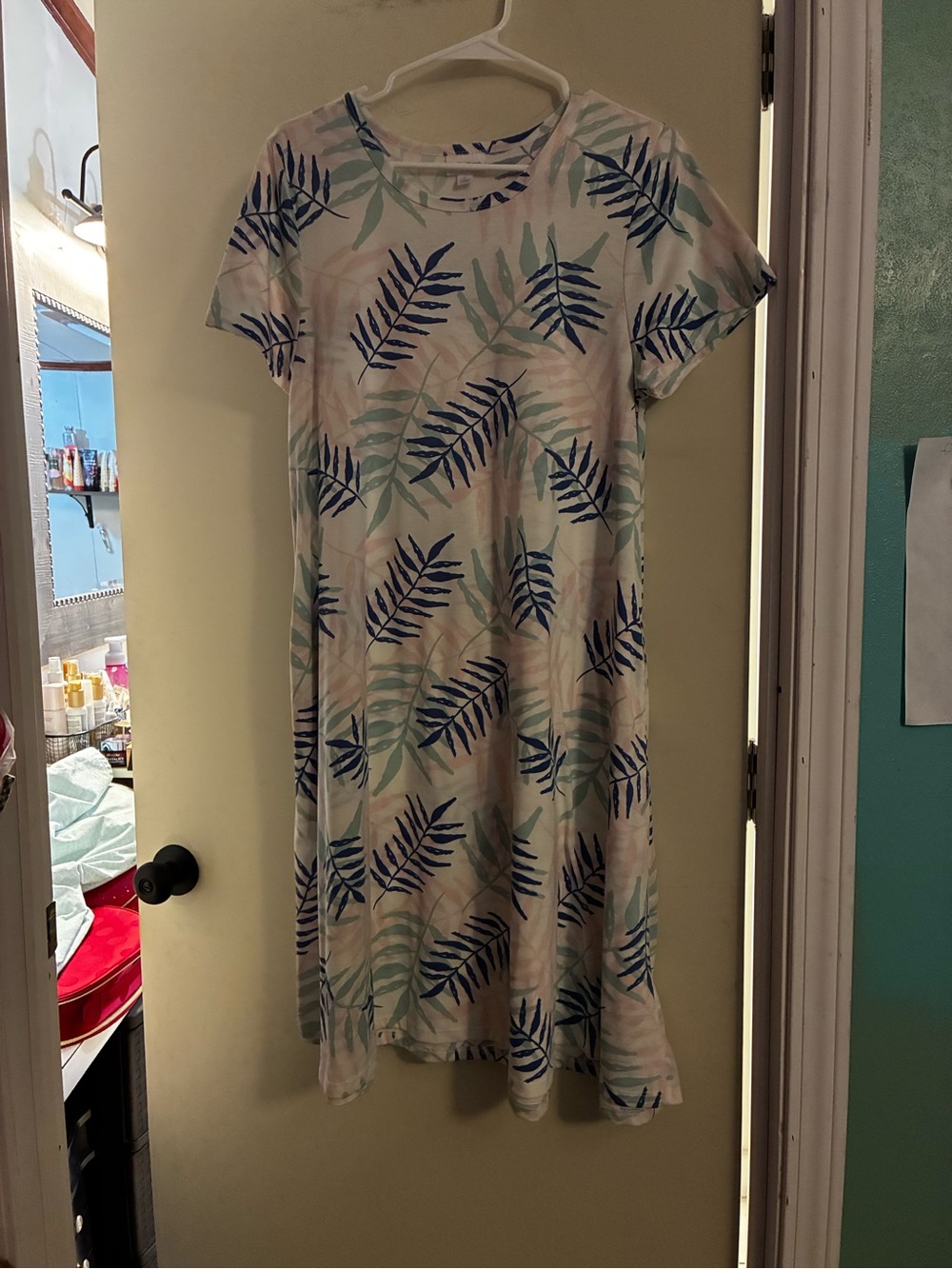 LuLuRoe Jessie Women's Short-Sleeve Leaf Print Dress in Blue and Mint